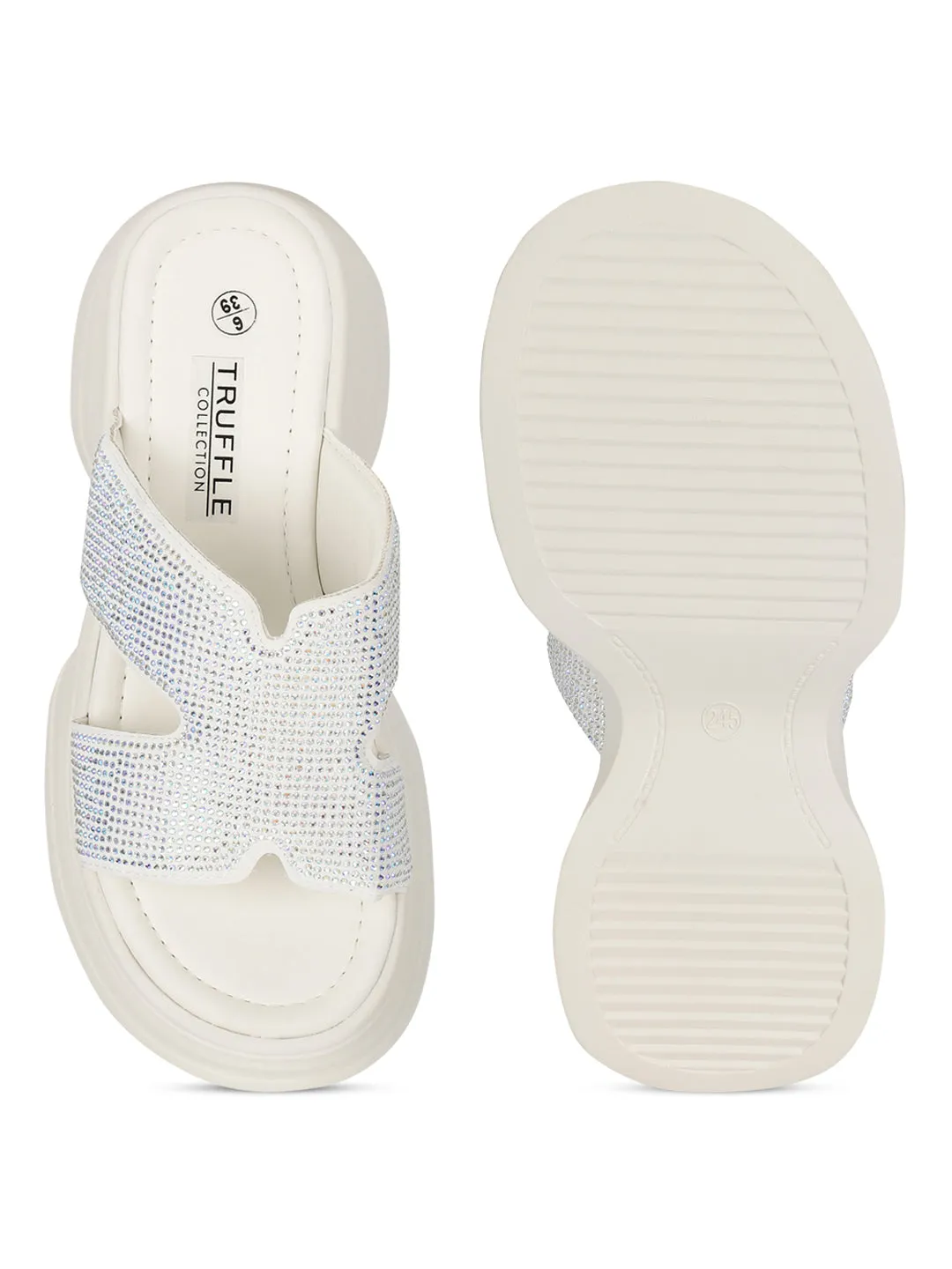 Off White PU Diamonte Stylish Slip-On Flats (TC-RS3638-OWHT)