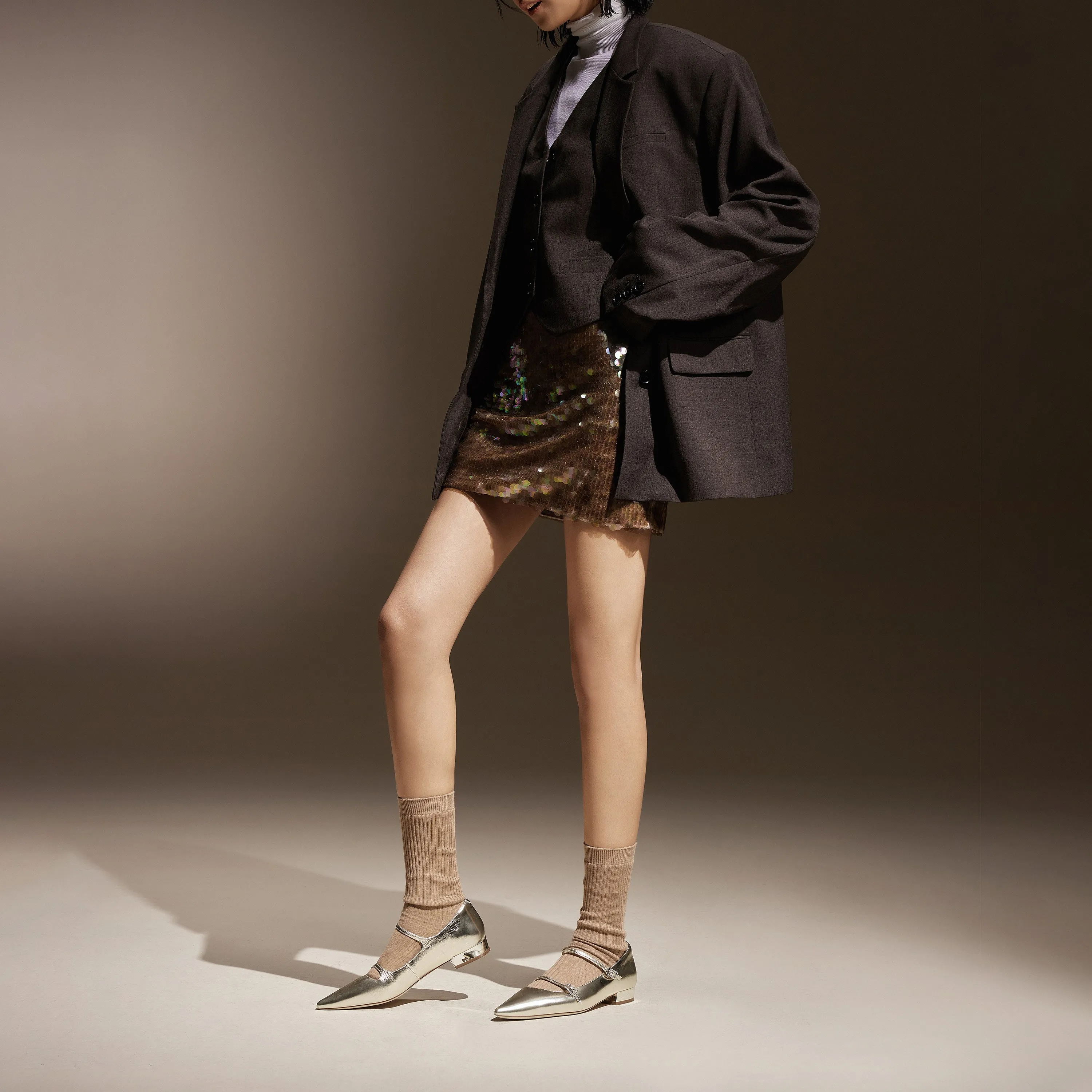 Pointy Light Gold Crystal buckle Mary Jane Flats