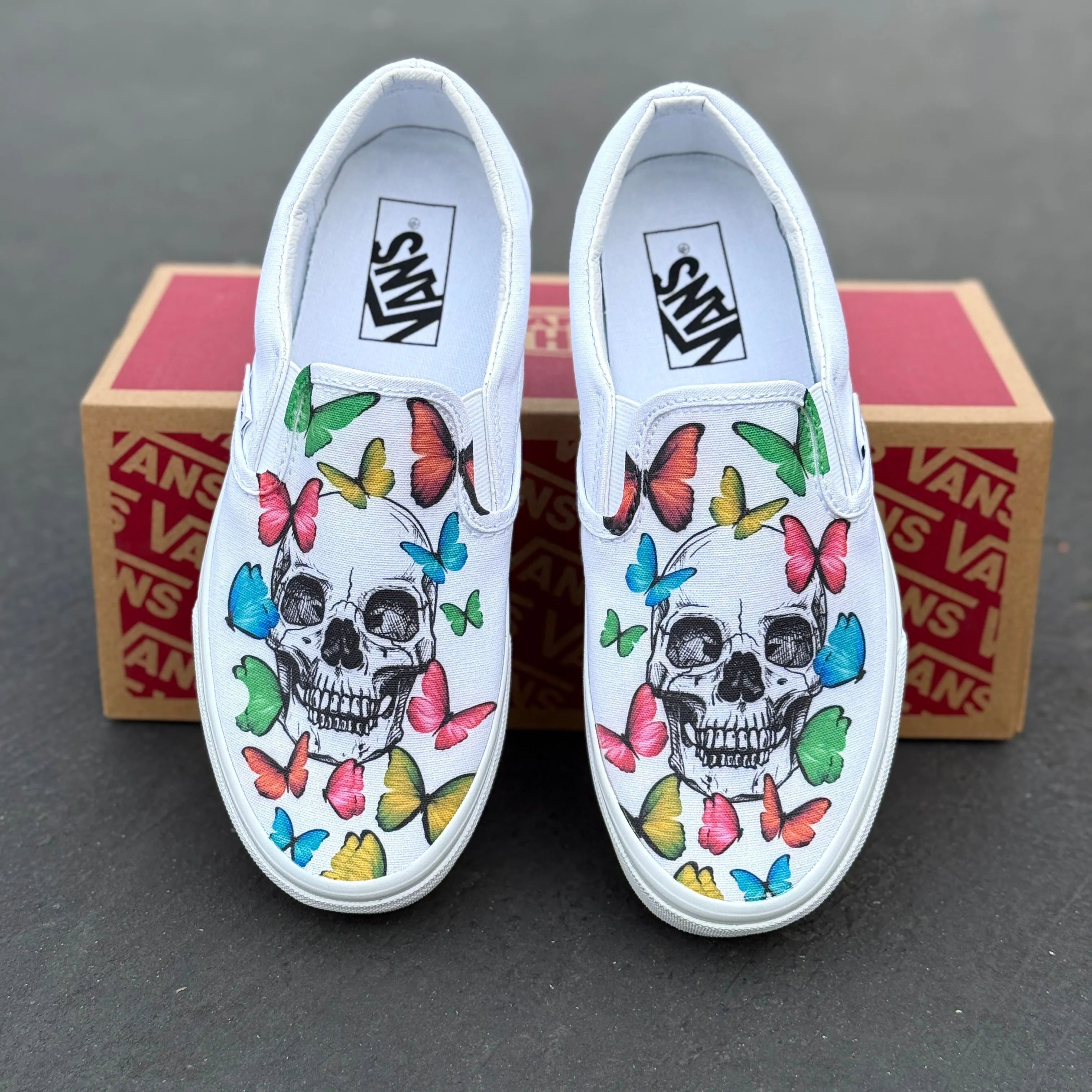 Rainbow Butterfly Skull - White Vans Slip On shoes for Men and Women