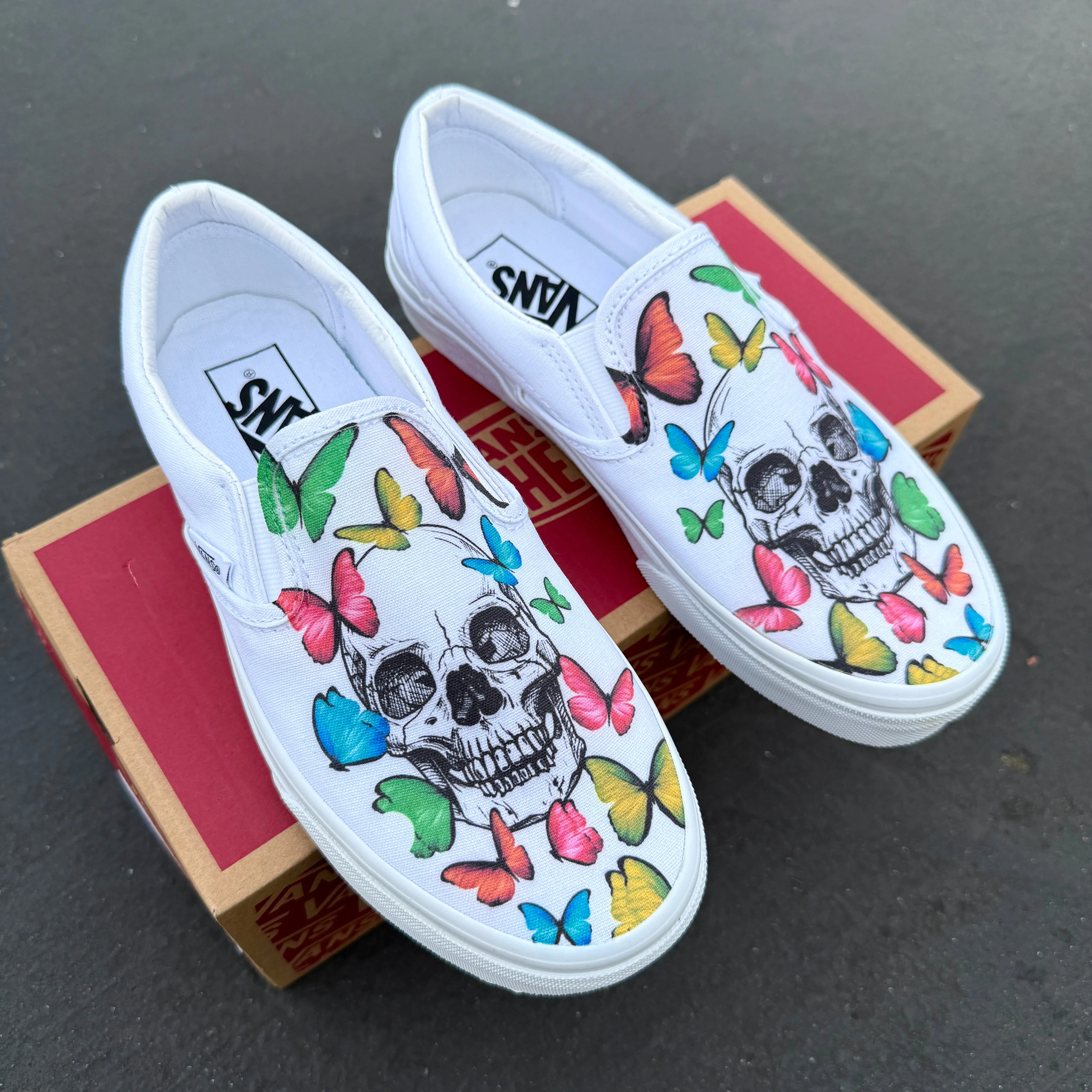 Rainbow Butterfly Skull - White Vans Slip On shoes for Men and Women