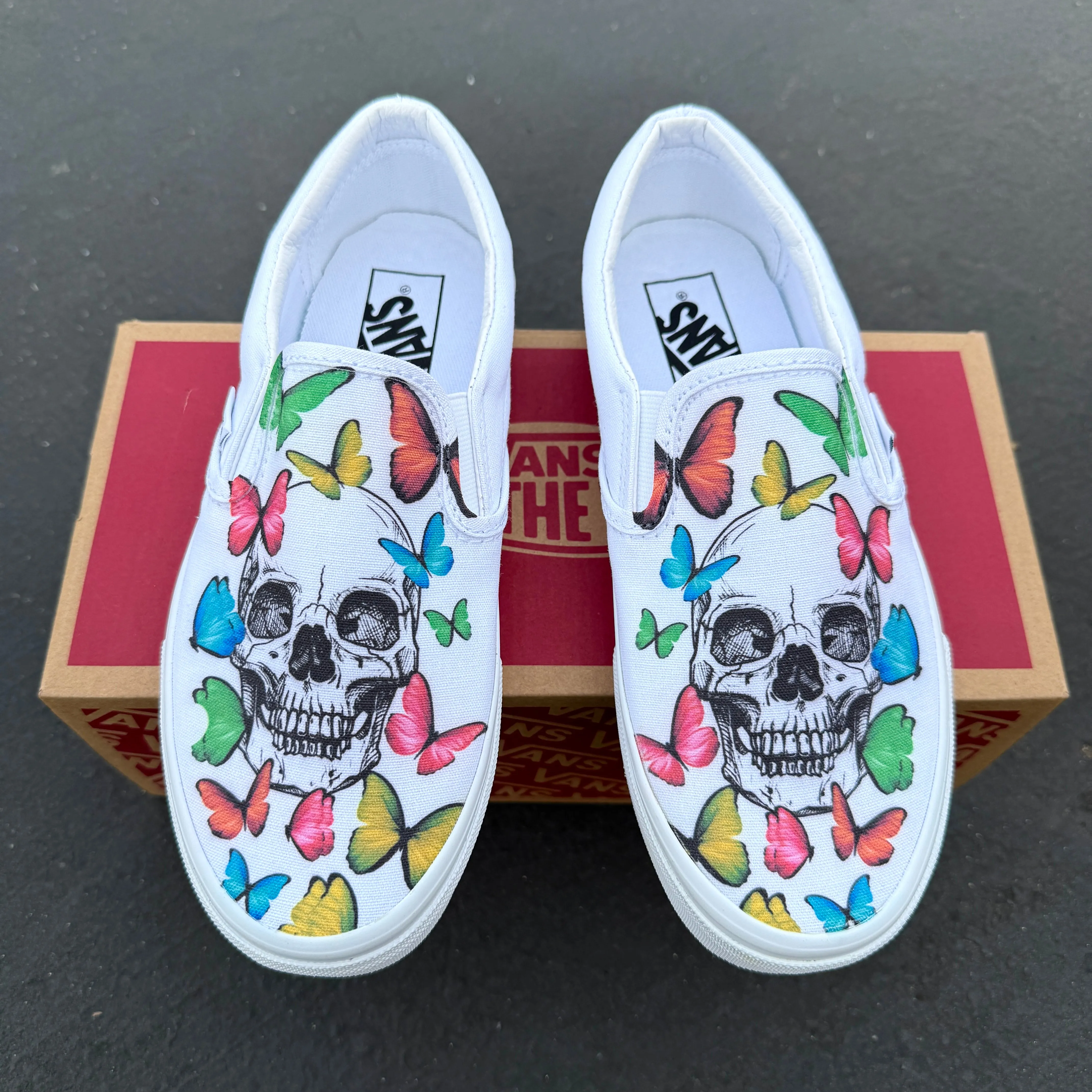 Rainbow Butterfly Skull - White Vans Slip On shoes for Men and Women