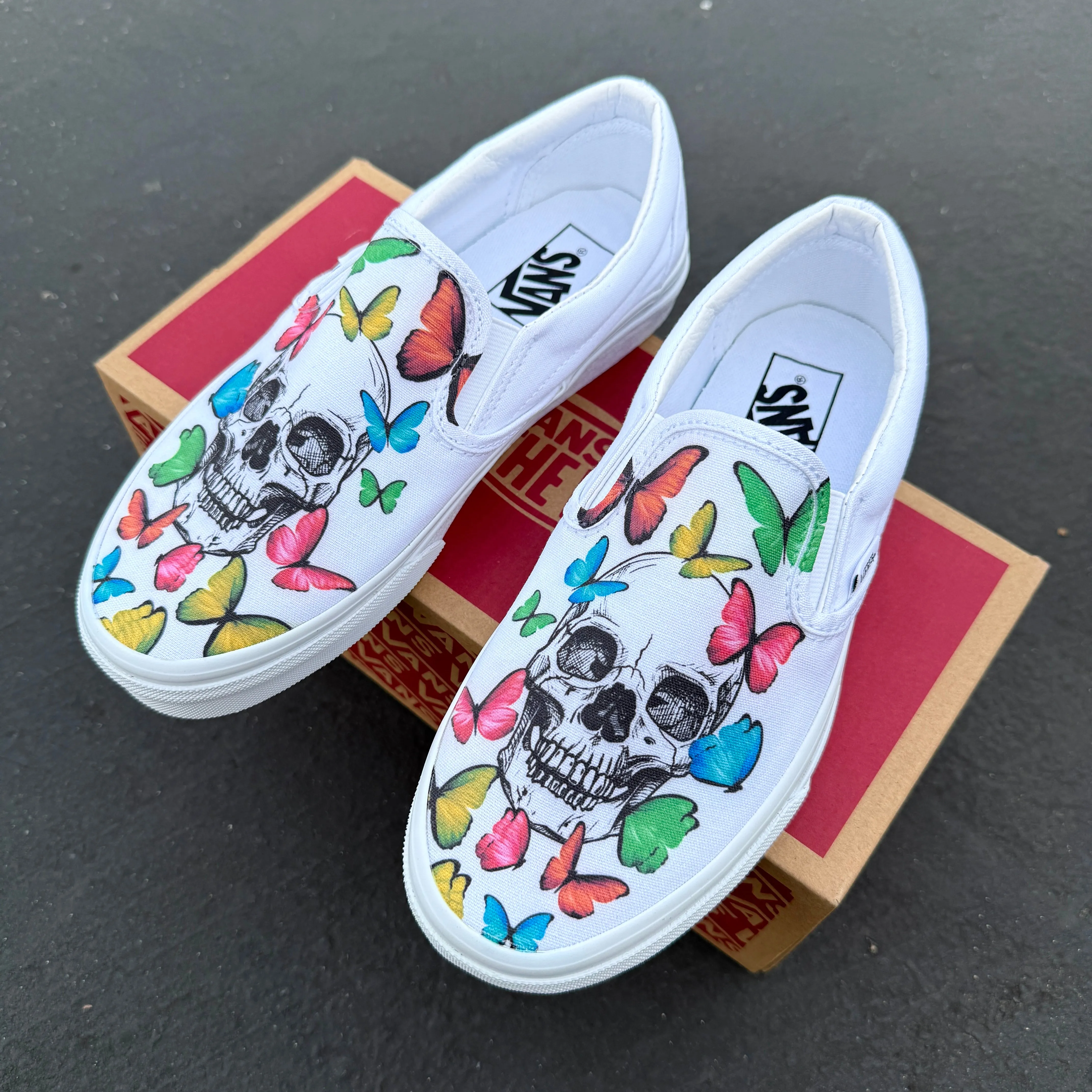 Rainbow Butterfly Skull - White Vans Slip On shoes for Men and Women