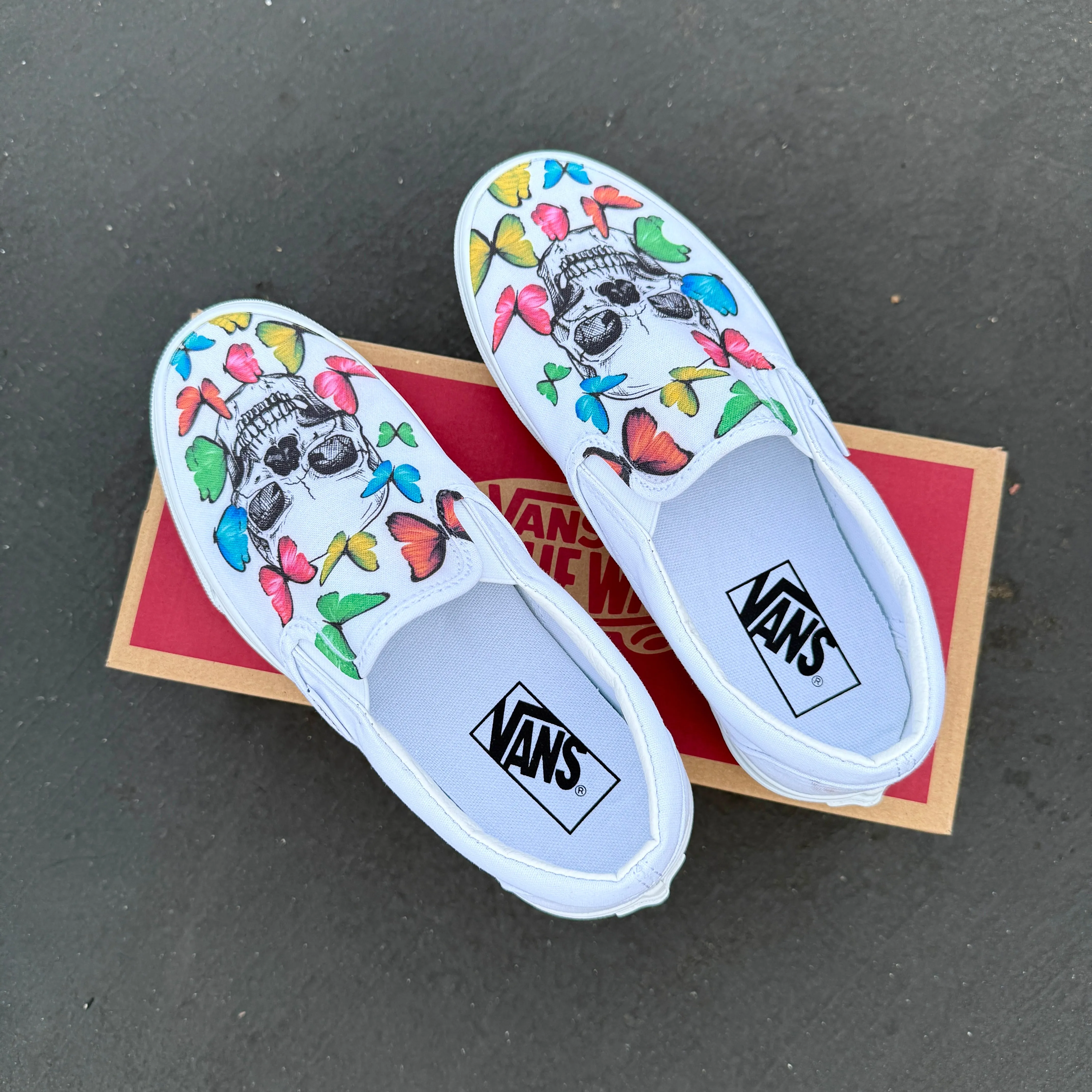 Rainbow Butterfly Skull - White Vans Slip On shoes for Men and Women