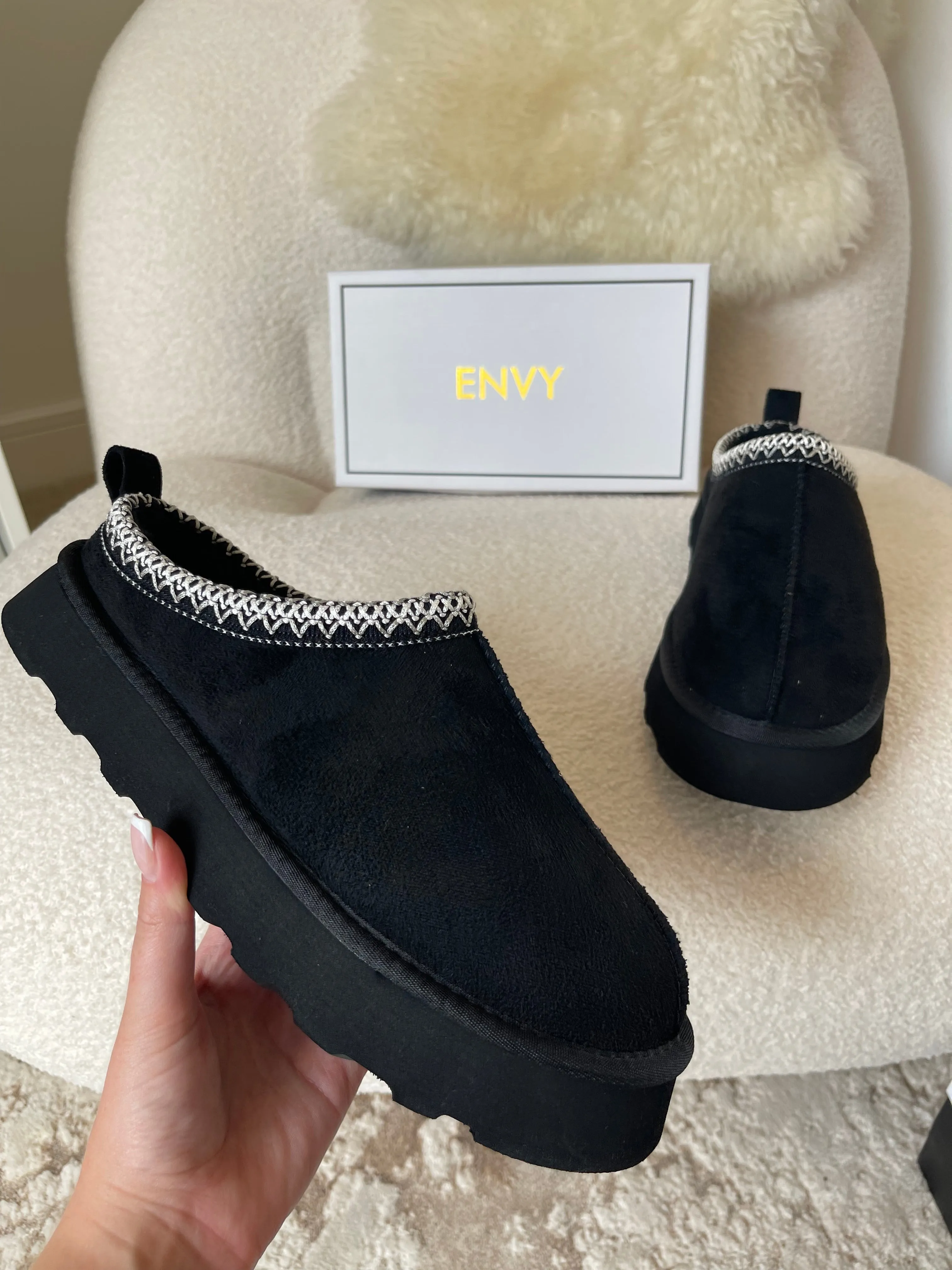ROBYN BLACK ULTRA MINI PLATFORM EMBROIDERED ANKLE SLIPPER BOOTS