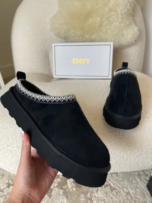 ROBYN BLACK ULTRA MINI PLATFORM EMBROIDERED ANKLE SLIPPER BOOTS