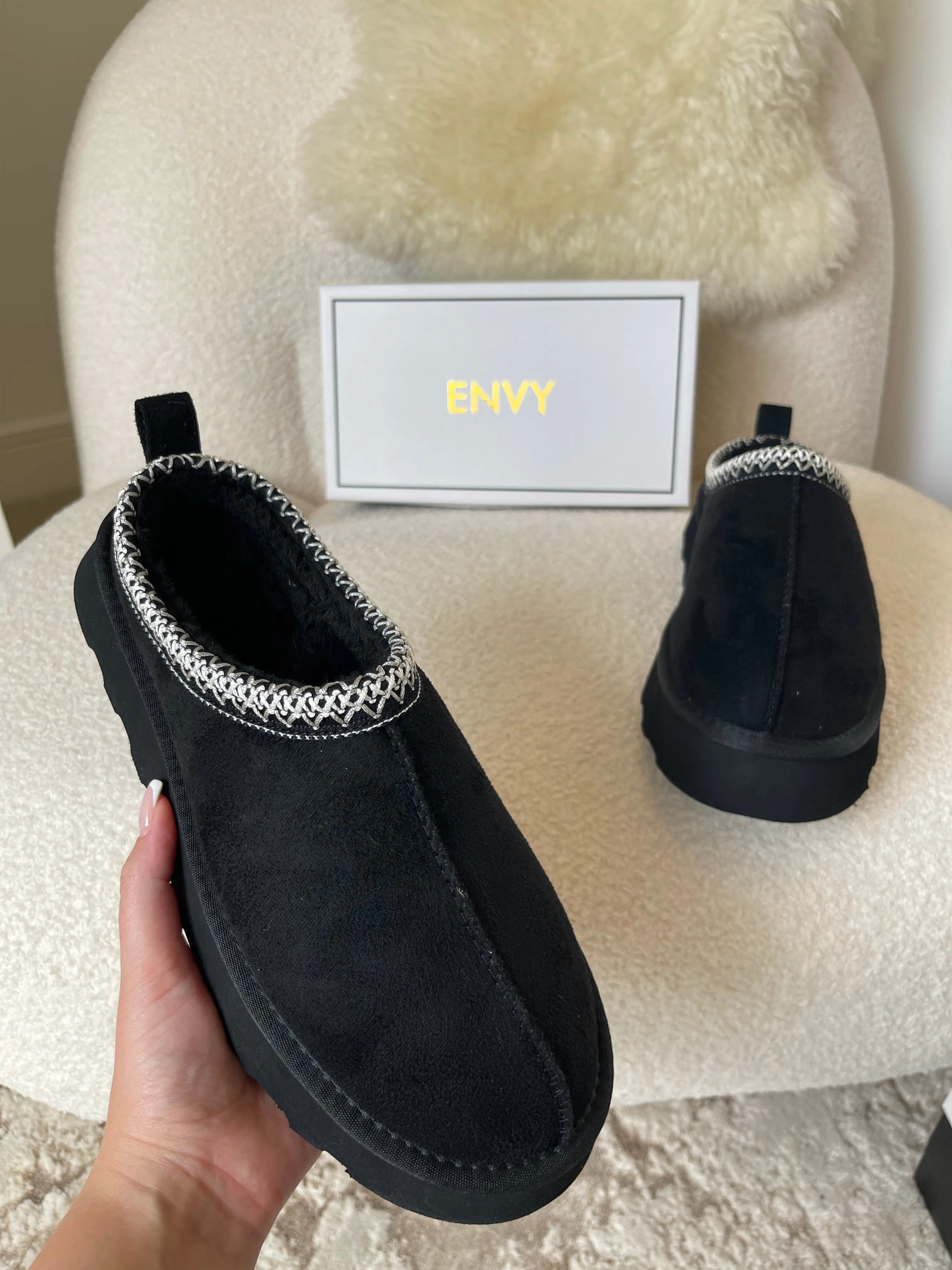 ROBYN BLACK ULTRA MINI PLATFORM EMBROIDERED ANKLE SLIPPER BOOTS