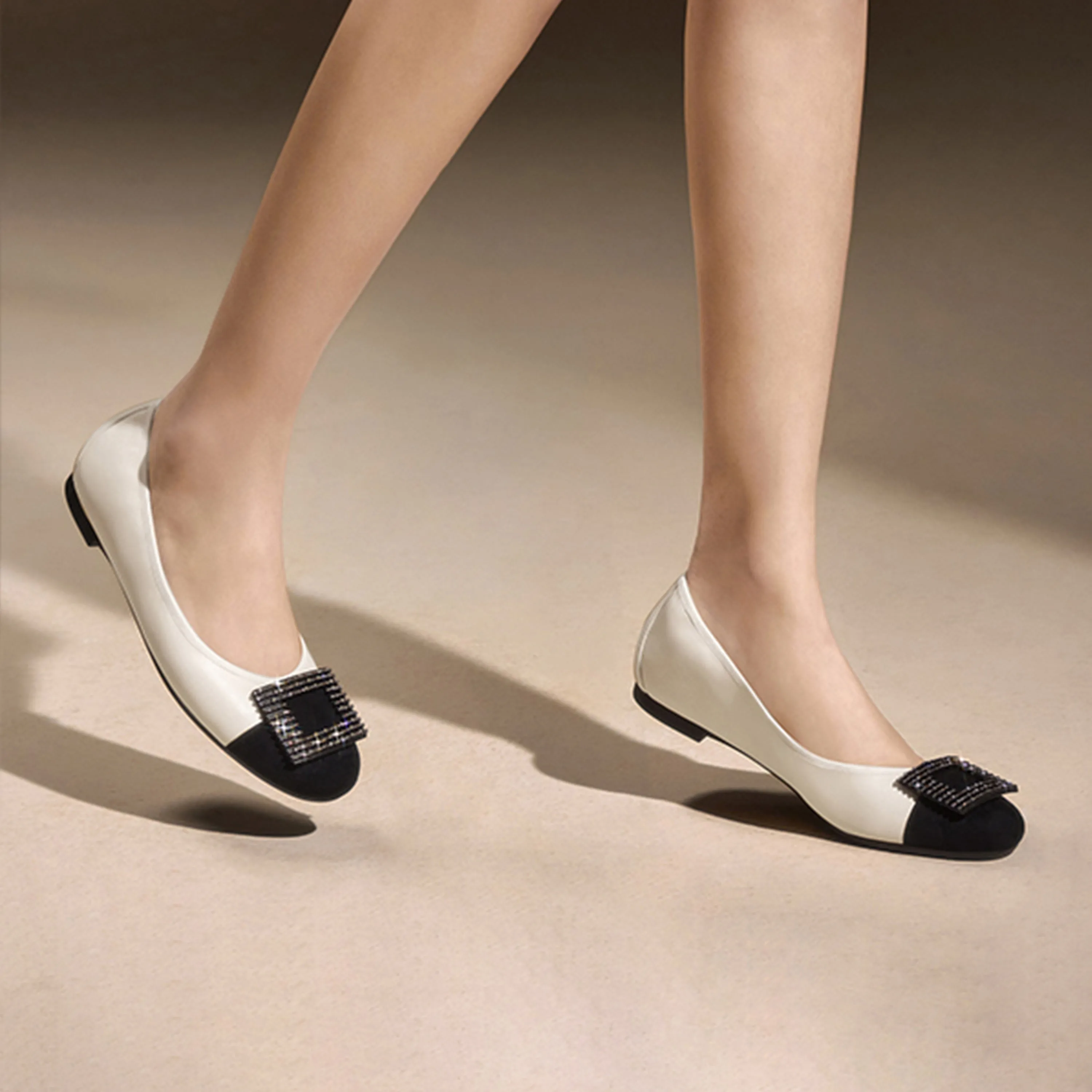 Silvery Grey Square Buckle Leather Ballerina Flats