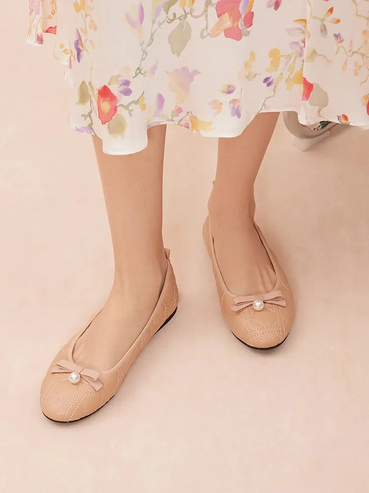 Simona Quilted Bow Pearl Foldable Flats