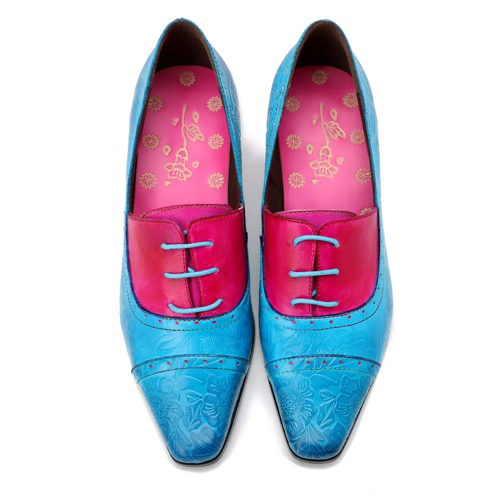 SOFFIA | Turquoise Floral Embossed Genuine Leather Kitten Heel Oxford Shoes
