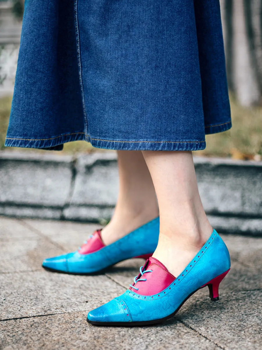 SOFFIA | Turquoise Floral Embossed Genuine Leather Kitten Heel Oxford Shoes