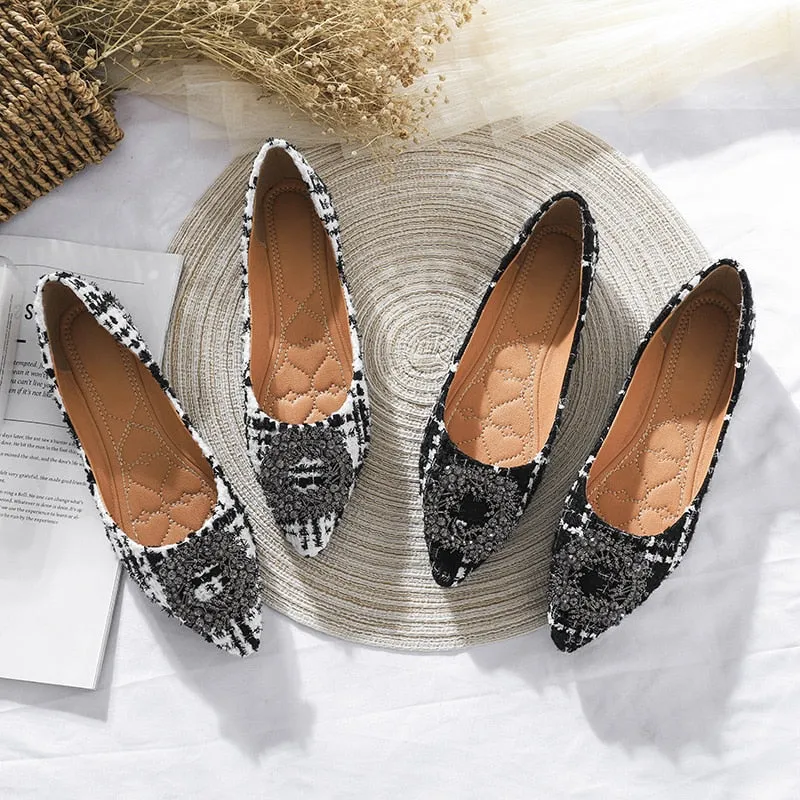 Spring Summer Women Shoes Luxury Brand Women Flats Pointed toe Office Ladies Plaid Shoes Woman Boat Shoes Big Size 42 A924