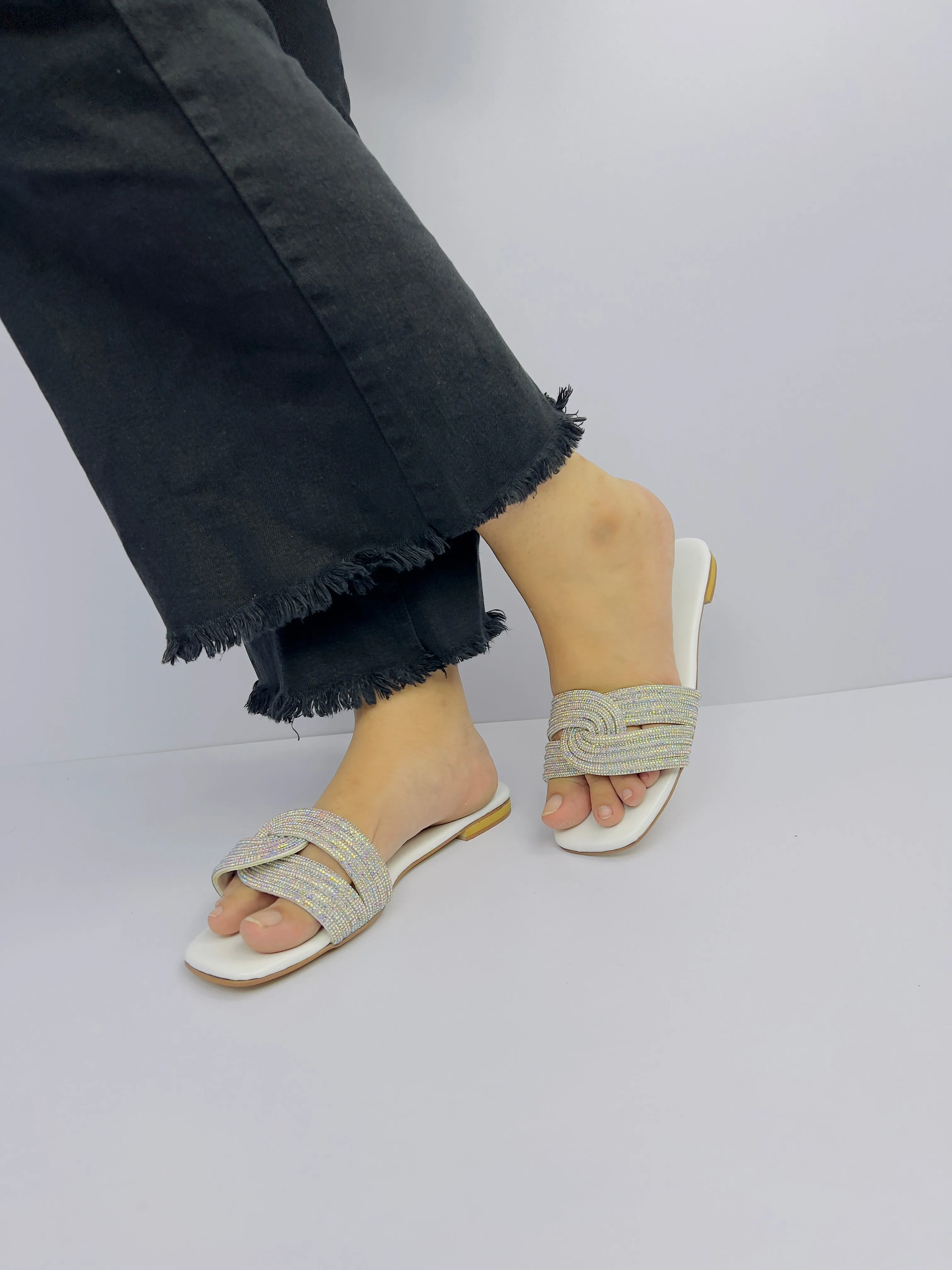 Spunkz White Diamanté Knotted Rhinestone Slide Sandals