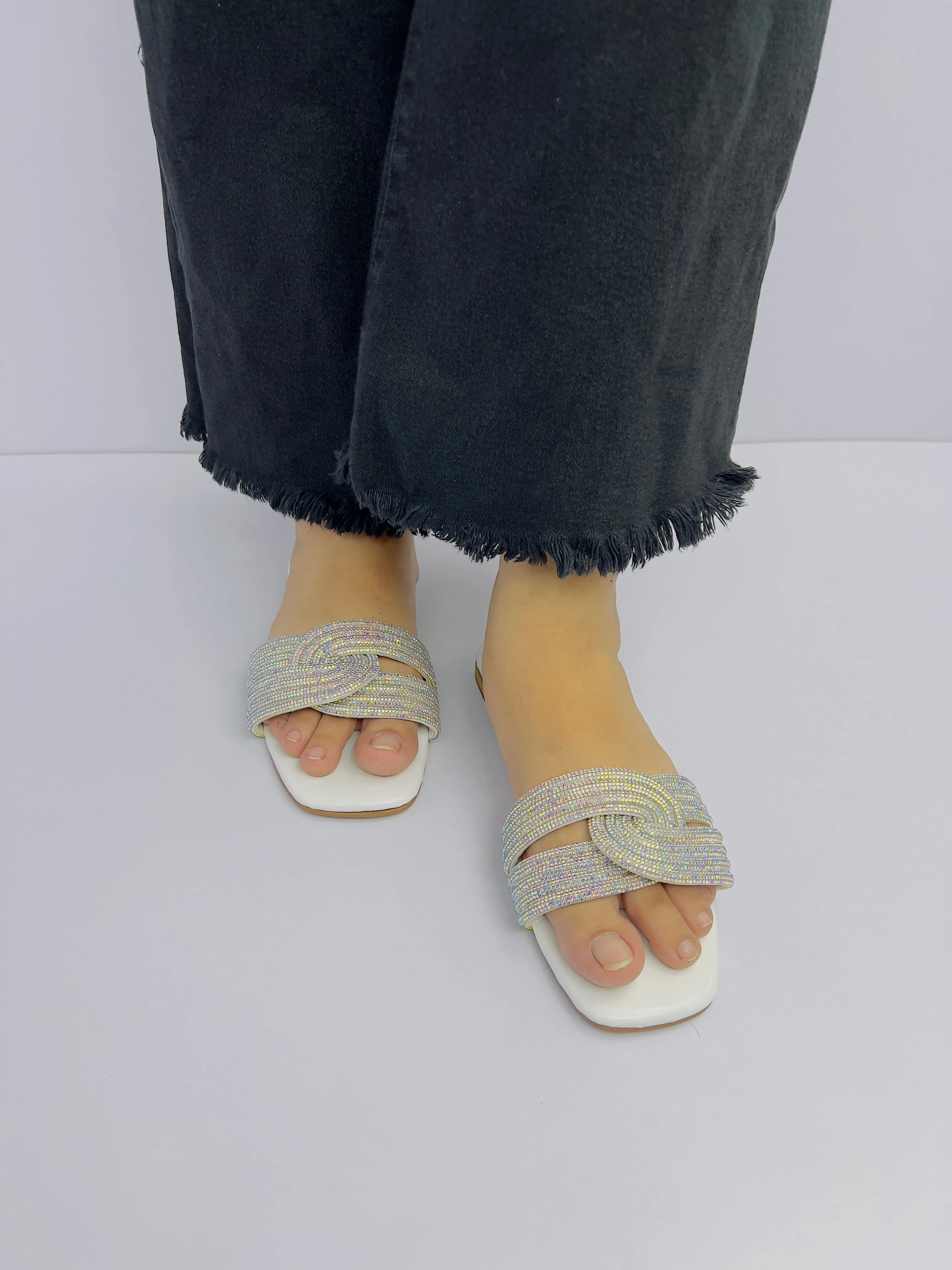 Spunkz White Diamanté Knotted Rhinestone Slide Sandals