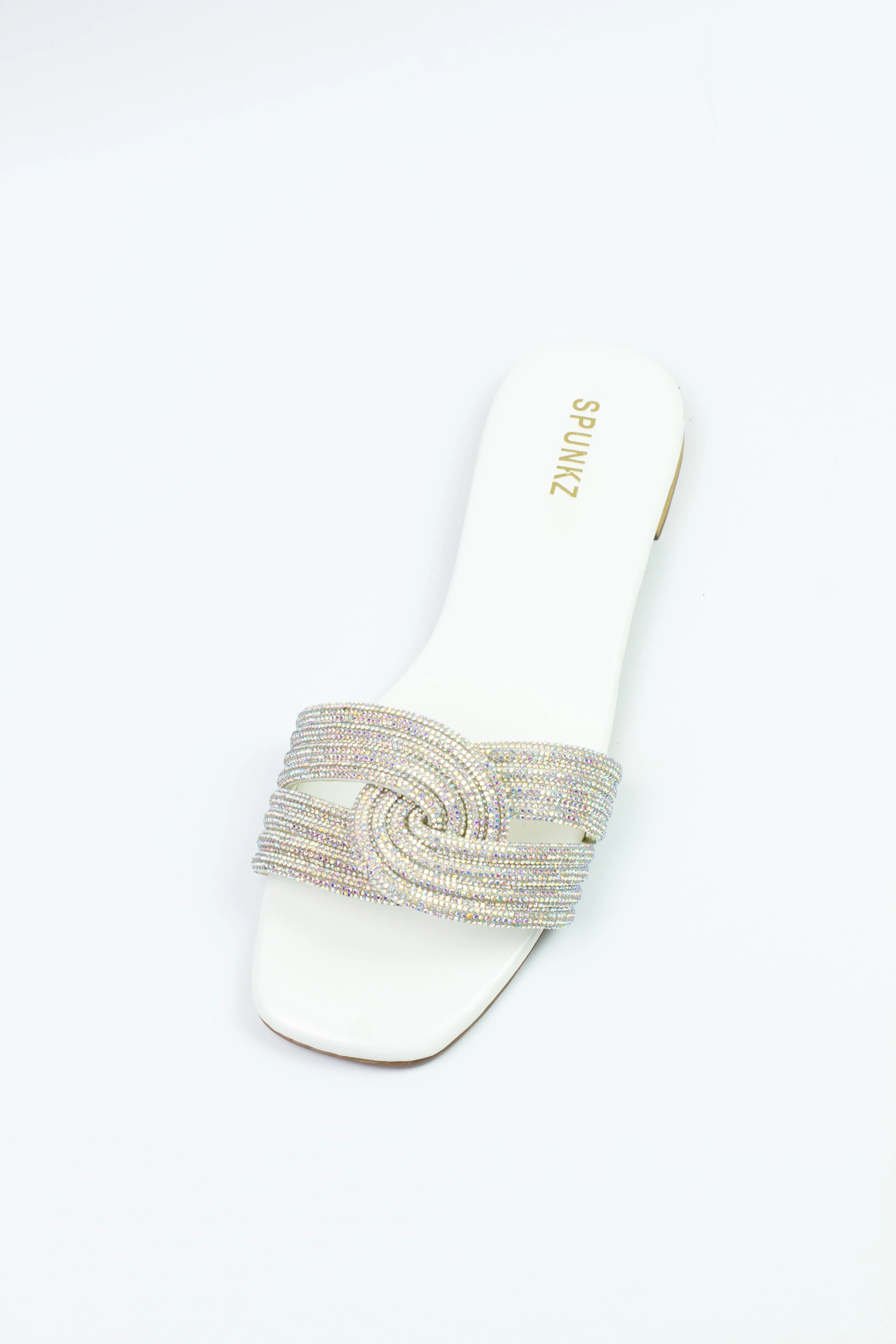 Spunkz White Diamanté Knotted Rhinestone Slide Sandals