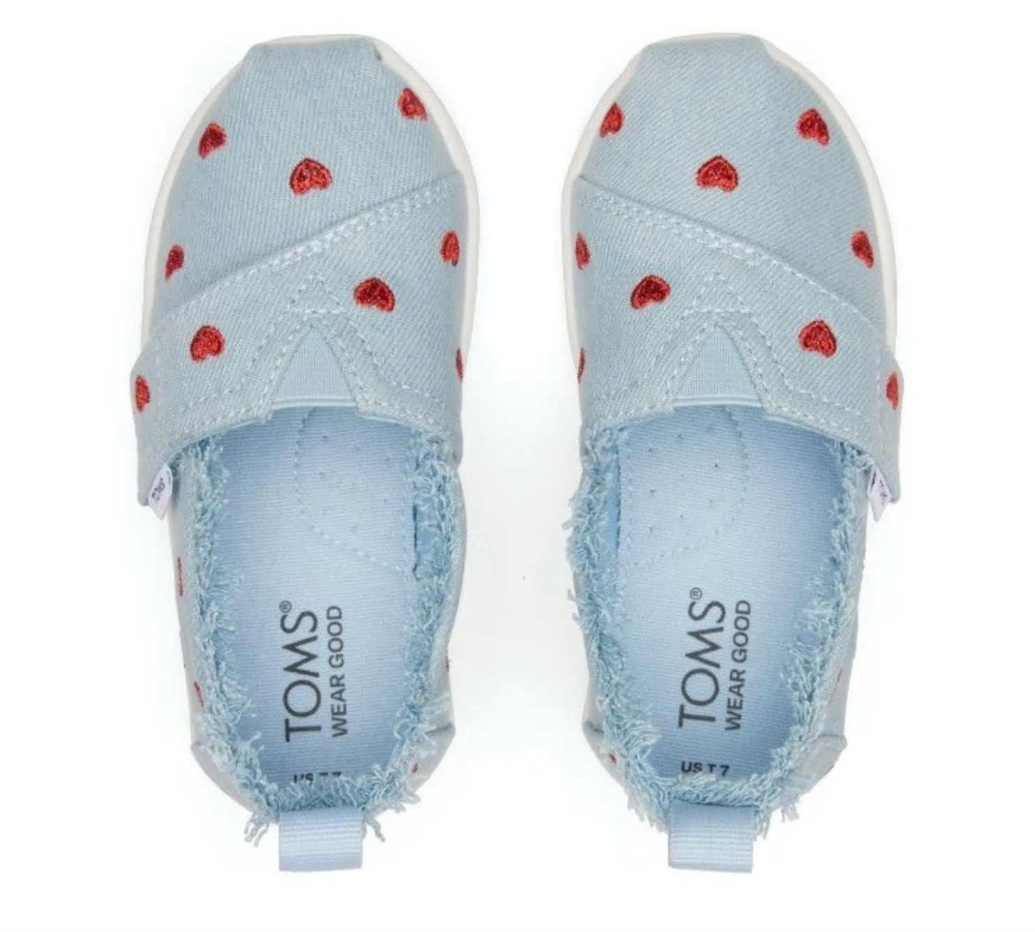 TOMS TINY Pastel Blue Washed Denim / Metallic Embroidered Hearts