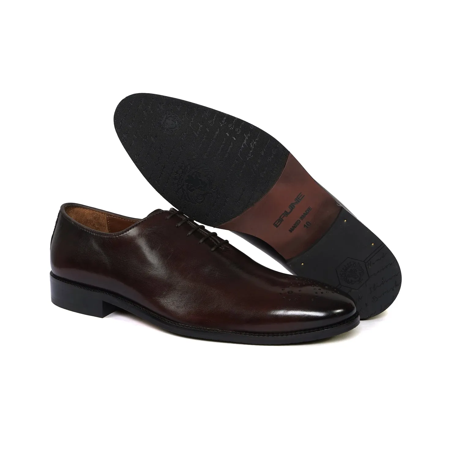 Whole Cut/One Piece Medallion Toe Dark Brown Oxford Lace-up Shoe