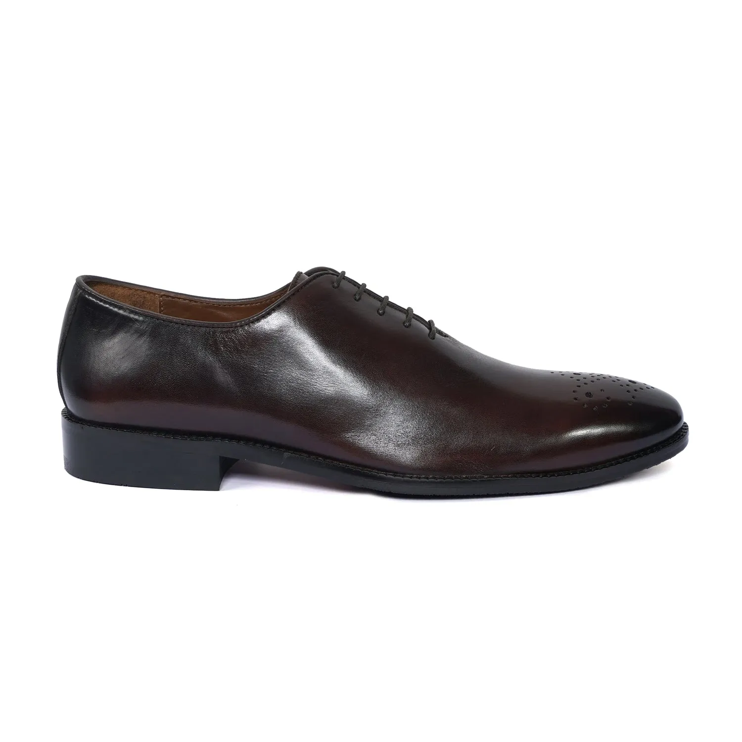 Whole Cut/One Piece Medallion Toe Dark Brown Oxford Lace-up Shoe