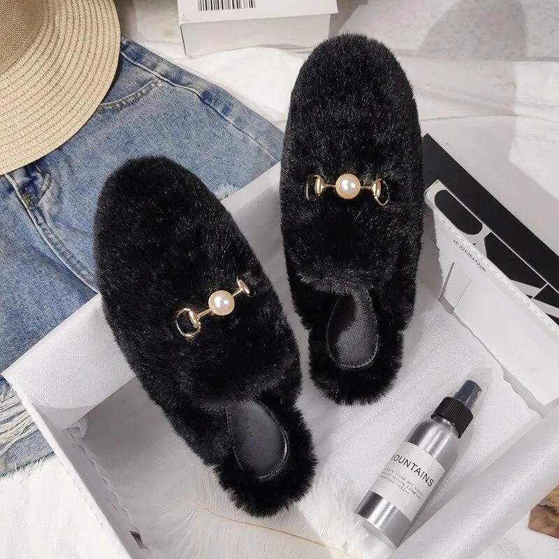 Winter Women House Slippers Furry Outer Wearing Flats Loafers Slip on Flats  furry slippers