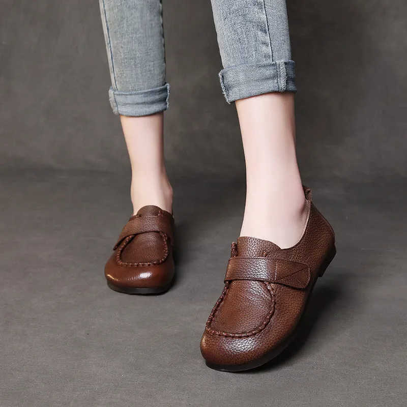 Women Handmade Velcro Loafers Leather Comfort Flat Mother Shoes