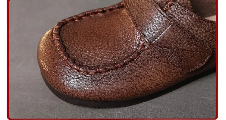 Women Handmade Velcro Loafers Leather Comfort Flat Mother Shoes