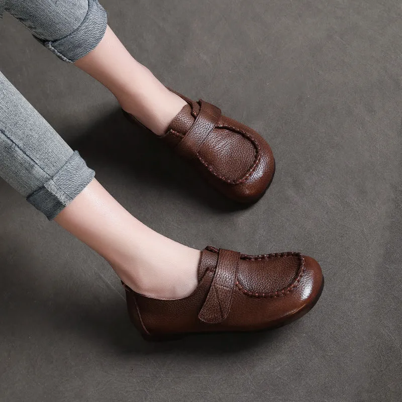 Women Handmade Velcro Loafers Leather Comfort Flat Mother Shoes