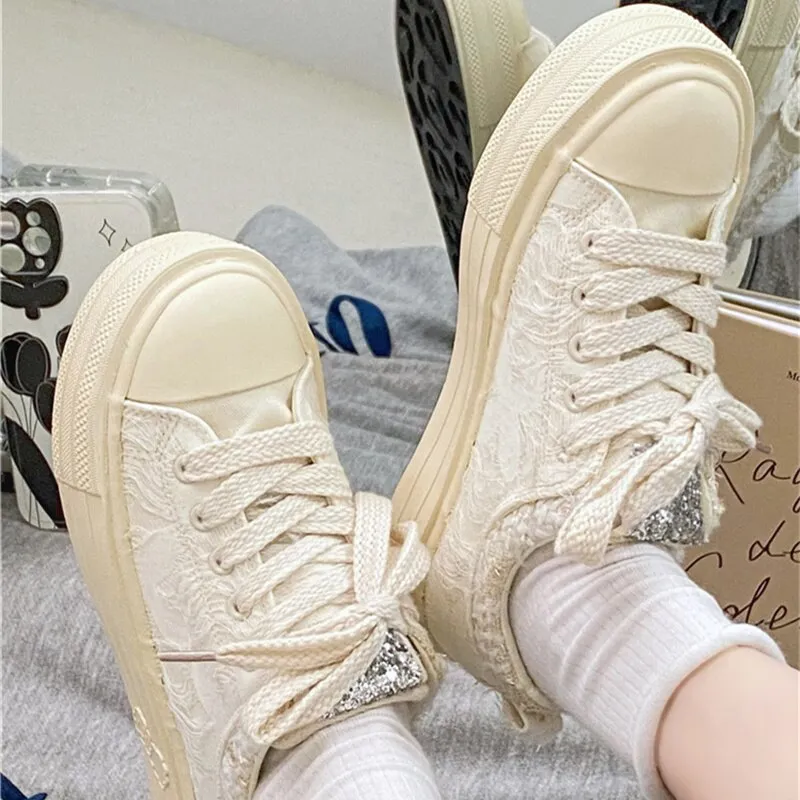 xiangtuibao NEW Pink Canvas Sneakers Woman Vulcanized Shoes Platform Sneakers Women Lace Up Flats Sneakers Ladies Spring Autumn Sports Shoes