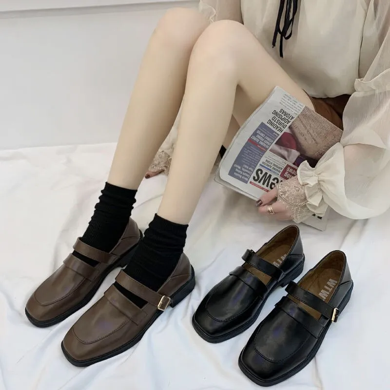 xiangtuibao Vintage Buckle Strap Square Toe Mules Brown Shoes Women Fashion Designer Elegant Black Loafers Casual Wild Spring Platform Flats