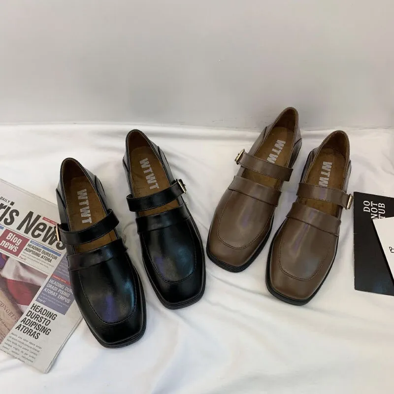 xiangtuibao Vintage Buckle Strap Square Toe Mules Brown Shoes Women Fashion Designer Elegant Black Loafers Casual Wild Spring Platform Flats