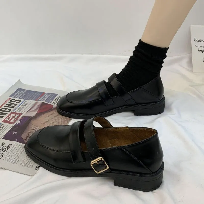 xiangtuibao Vintage Buckle Strap Square Toe Mules Brown Shoes Women Fashion Designer Elegant Black Loafers Casual Wild Spring Platform Flats