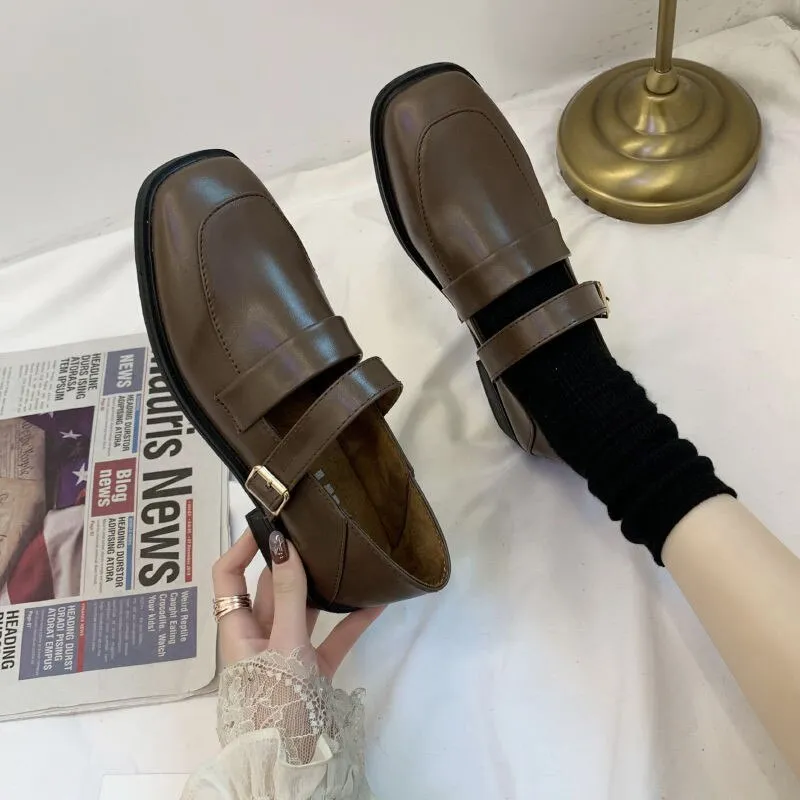 xiangtuibao Vintage Buckle Strap Square Toe Mules Brown Shoes Women Fashion Designer Elegant Black Loafers Casual Wild Spring Platform Flats