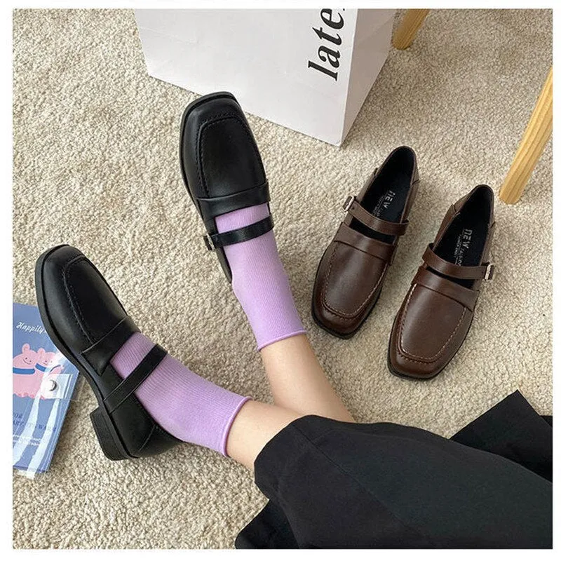 xiangtuibao Vintage Buckle Strap Square Toe Mules Brown Shoes Women Fashion Designer Elegant Black Loafers Casual Wild Spring Platform Flats
