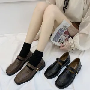xiangtuibao Vintage Buckle Strap Square Toe Mules Brown Shoes Women Fashion Designer Elegant Black Loafers Casual Wild Spring Platform Flats