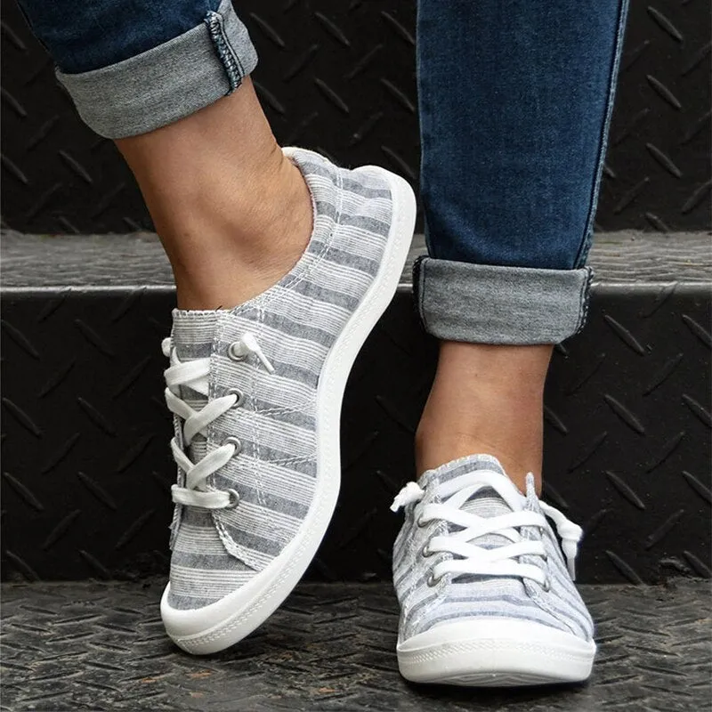 xiangtuibao Women Canvas Shoes Stripe Women Vulcanize Shoes Fashion Casual Shoe Womens Lace Up Flats Women Loafers Size 43 Zapatos Muje